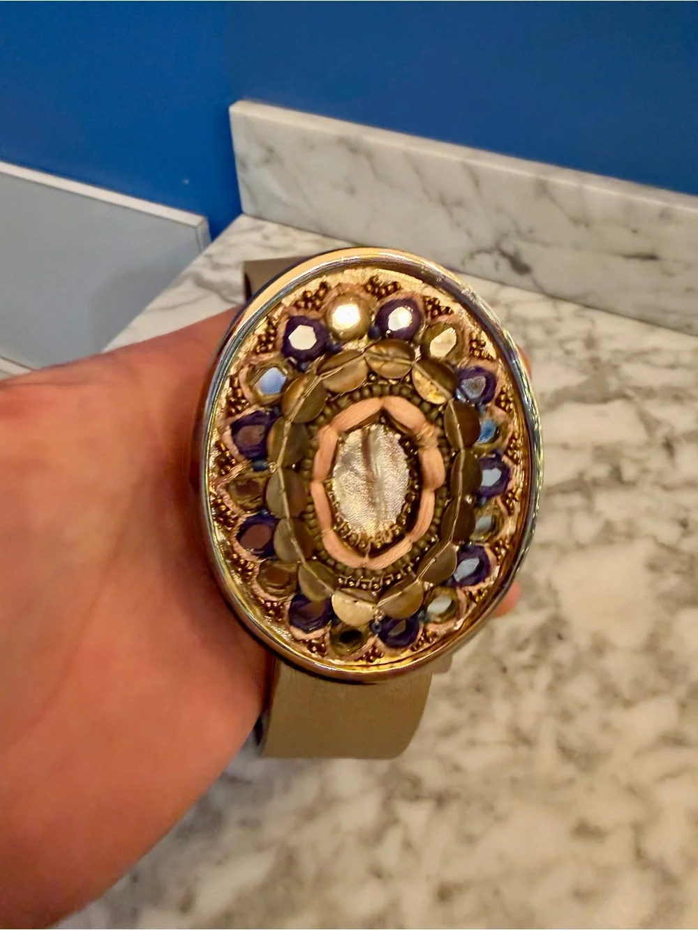 Chicos Western Jeweled Buckle Genuine Leather Belt Gold L 41” NWOT New